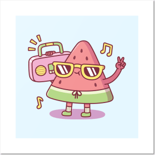 Cute Watermelon With Sunglasses Listening To The Radio Posters and Art